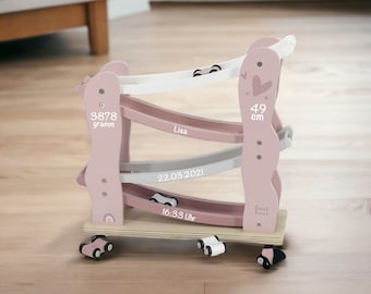 Geschenkidee Mädchen Rennbahn / Kugelbahn personalisiert mit Geburtsdaten und Namen - rosa - Label-Label - Babygeschenk zur Geburt - Mädchen