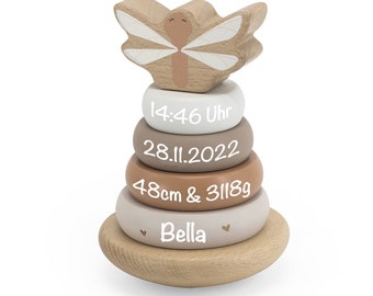 Ring- Stapelturm personalisiert mit Geburtsdaten und Namen - Nougat - Label-Label - Babygeschenk zur Geburt - Mädchen