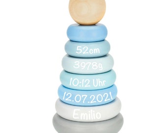 Wooden toy stacking tower personalized with birth dates and names - blue / gray | Bieco | Baby gift for birth for boys