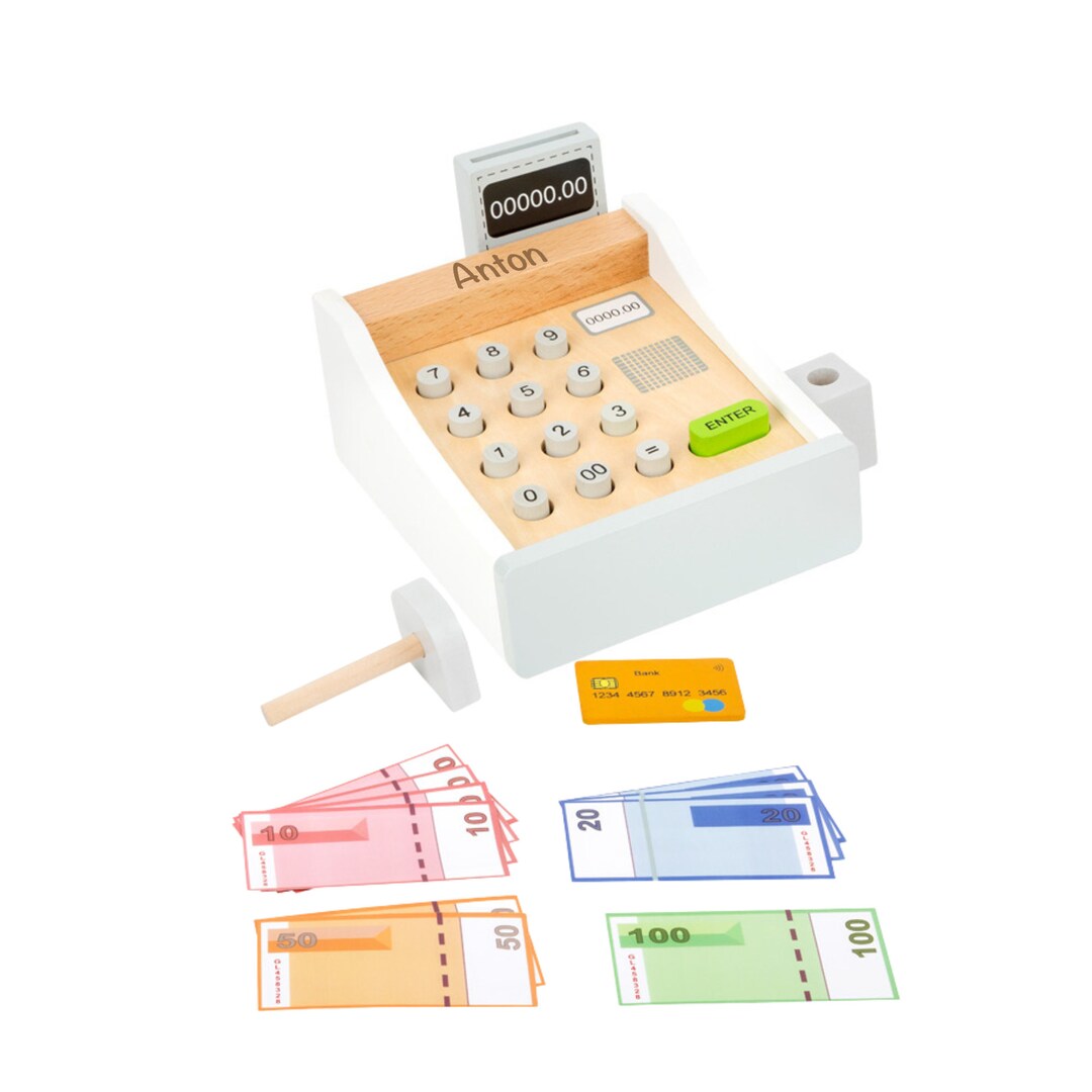 Wooden Cash Register With Scanner and Money for Children Lasered