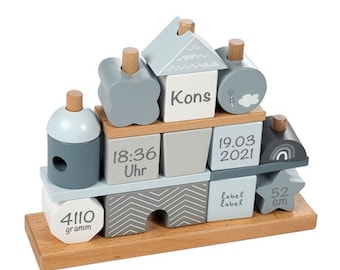 Stacking game house personalized with birth date and name - blue - label label - baby gift for birth - boy