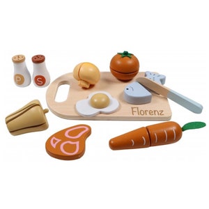 Planche à découper en bois avec nourriture pour enfants | Laser personnalisé avec nom | Accessoires de cuisine, jouets, accessoires de cuisine et ensemble de jeu