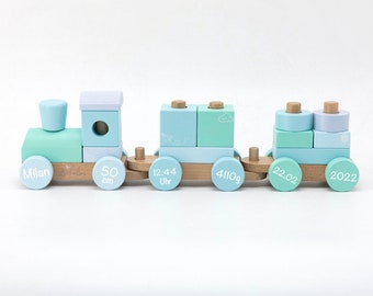 Trenino ferroviario in legno personalizzato con date di nascita e nomi - azzurro menta - Liebelini - regalo bimbo per nascita - maschietto