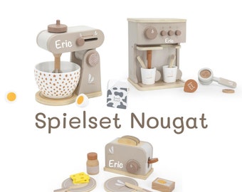 3er-Spielset nougat Küchenmaschinen, Espresso Kaffeemaschine, Mixer u. Toaster | BellasTraum | Personalisiert mit Namen | Geschenk für Kind