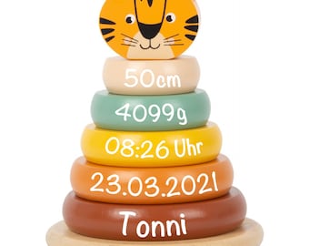 Safari personnalisé en forme de tour d'empilage d'anneaux avec dates et noms de naissance | Petit pied | Cadeau bébé pour la naissance - cadeau de naissance pour bébés
