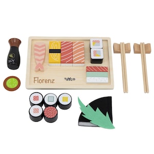 Ensemble de sushi en bois pour enfants Laser personnalisé avec nom Accessoires de cuisine jouets, accessoires de cuisine ludiques et ensembles de jeux pour enfants image 1