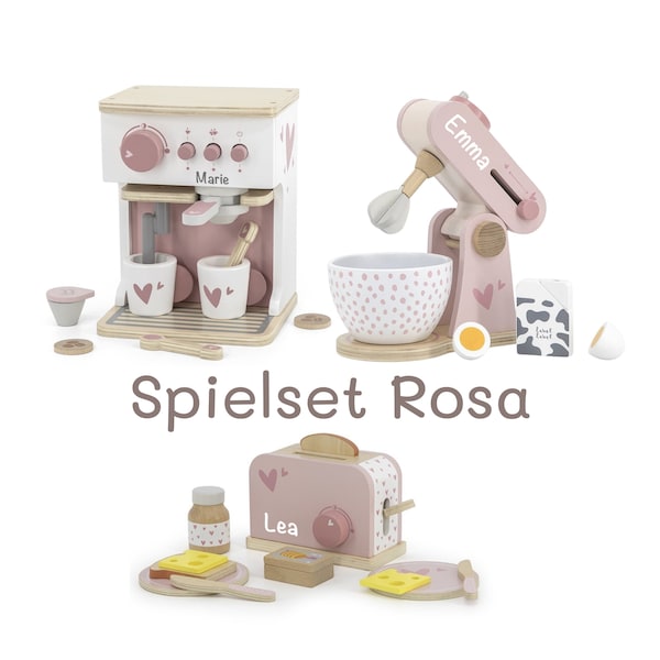 3er-Spielset rosa Küchenmaschinen, Espresso Kaffeemaschine, Mixer u. Toaster | BellasTraum | Personalisiert mit Namen | Geschenk für Mädchen