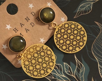 Ohrringe Cabochon Mandala grün-gold, Bohemian, Geschenke, Frauen, Schmuck, Muttertag