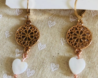 Earrings rose gold, heart, shell, handmade, women, gifts, wedding, pearl, earrings