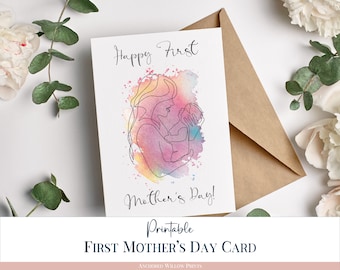 First Mother’s Day Mom and Baby Line Art with Watercolor Card, Sizes 4x6 and 5x7with Envelope Template