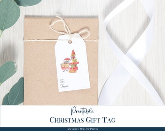 Bird with a stack of presents printable Christmas gift tags, editable gift tags