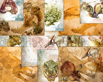 Dinosaurs and Fossils Digital Junk Journal Kit, Set of 12 Printable Paper Pack