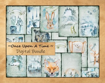 Once Upon A Time Digital Paper Pack, Set of 10 Printable Pages,  Fairytale Castles and Woodland Animals