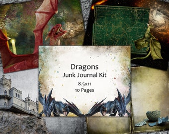 Dragons Digital Junk Journal Kit, Set of 10 Printable Paper Pack, Gothic Bundle, Fantasy Scrapbooking