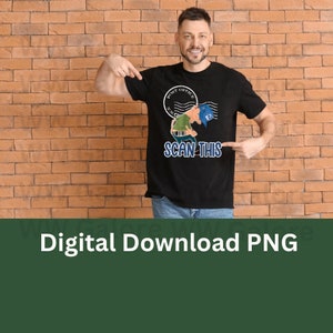 May include: A black t-shirt with a graphic of a cartoon mail carrier holding a package and the text "Post Office" and "Scan This".