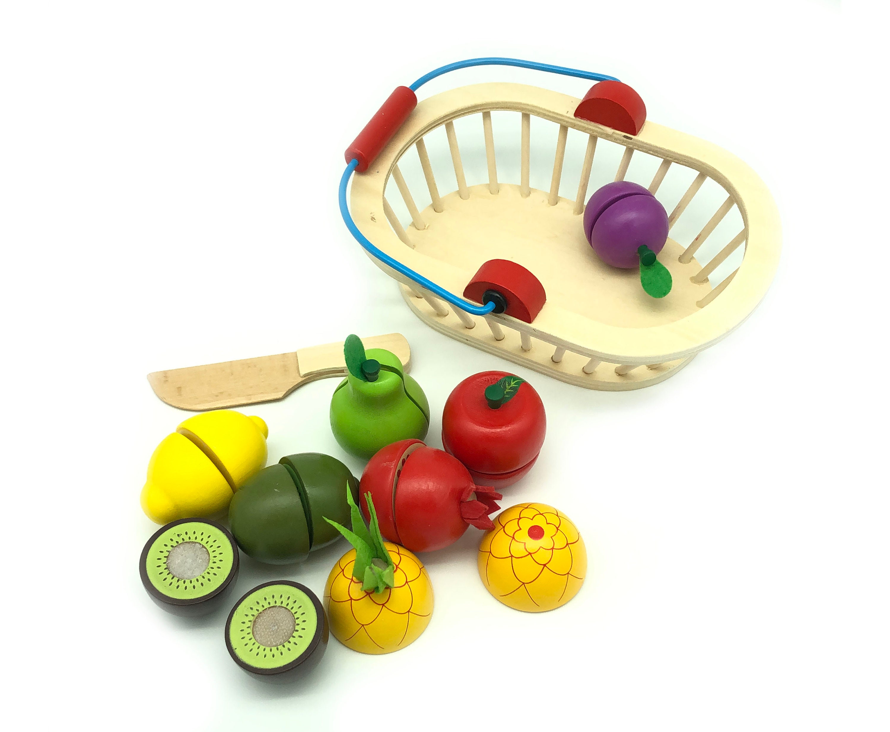 Children's Play Food wooden Fruit Cutting Basket Toy Set | Etsy