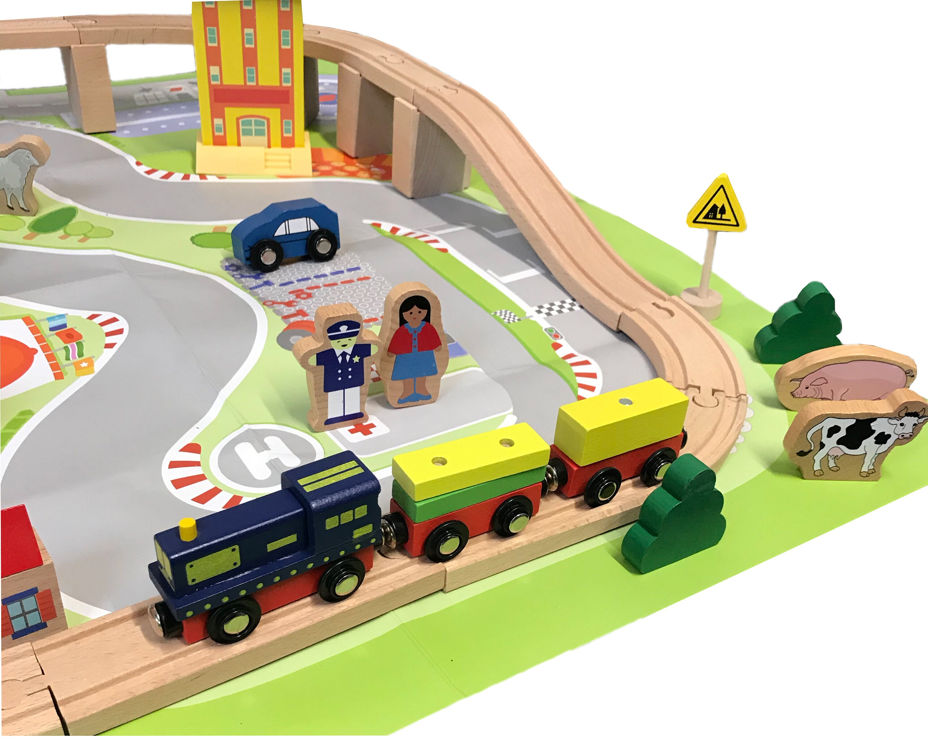 Children's 75 Piece Wooden Toy Train Set With Town Scene Etsy