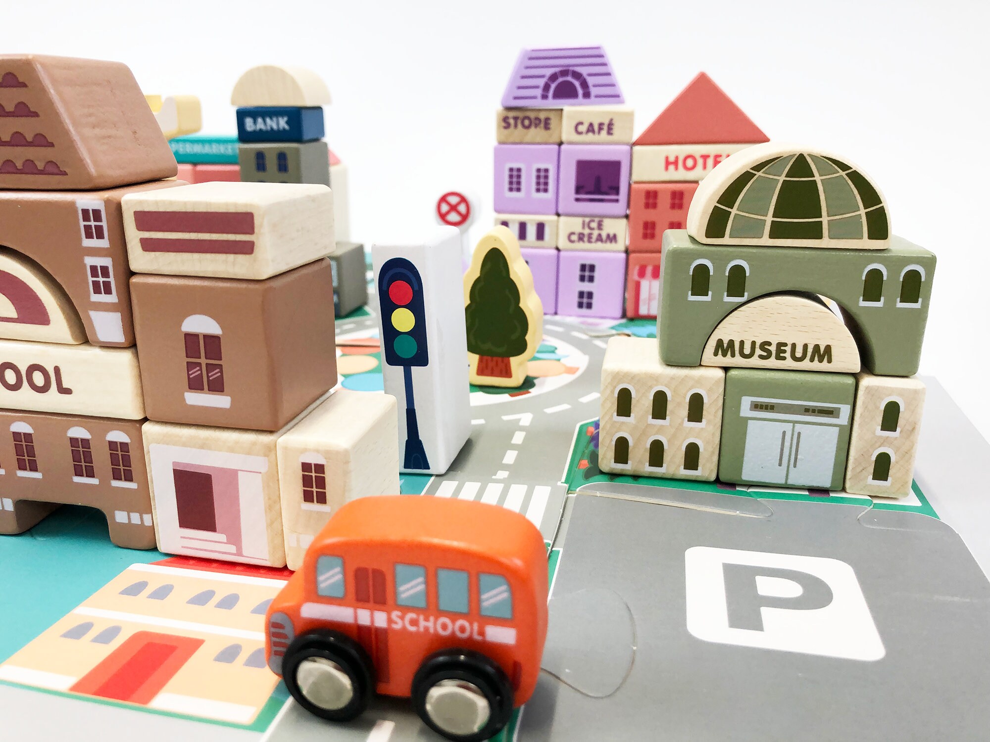 Childrens Wooden City Building Blocks With Jigsaw Matt Scenery Etsy