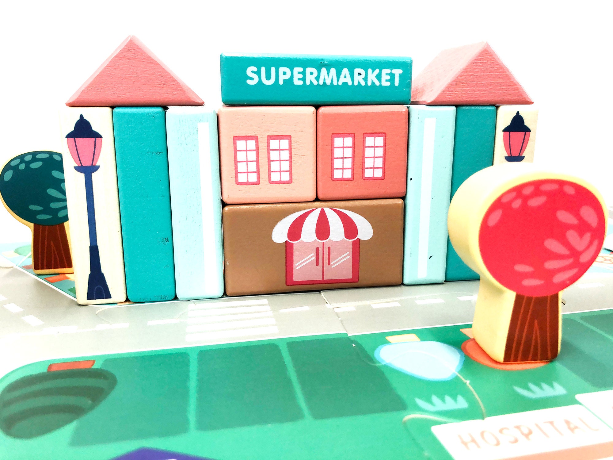 Childrens Wooden City Building Blocks With Jigsaw Matt Scenery Etsy