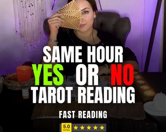 May include: Image featuring a woman holding a tarot card, with text overlay: "SAME HOUR YES OR NO TAROT READING." The text "YES" is in green, and "NO" is in red. The image also includes a rating of 5.0 stars and the words "FAST READING."
