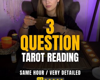 May include: Image promoting a tarot reading service. The text overlay reads "3 QUESTION TAROT READING" in large yellow letters. Additional text states "SAME HOUR / VERY DETAILED" and a 5-star rating. A person is holding tarot cards.