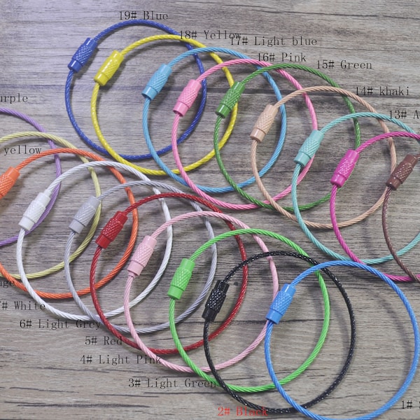 50pcs Colorful Coated Stainless Steel Rope Wire Holder, Wire Keychain,Key Chain Cable Ring, Tag Holder, Camping Gear, Screw Locking