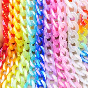 15.7”/19.7”/27.5” AB Rainbow Colored Acrylic Plastic Chain Links， Acrylic Curb Chain ，  Necklace Open Chain Links