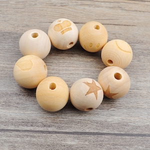 20mm Round Natural Wooden Beads Crown/Smiling face/Heart/Star Engraved, Nature Wooden Bead Ball