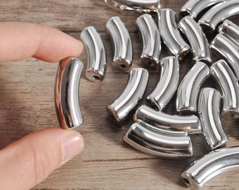 12mm x 35mm Silver Acrylic Tube Beads,12mm Large Acrylic Bamboo Beads, 12mm Curved Tube Beads,Bamboo Bracelet Bangle
