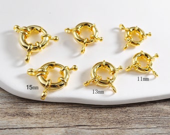 1-50 unidades de cierres de anillo con resorte y rueda chapados en oro de 18 quilates, tamaños 11 mm, 13 mm y 15 mm. Hebilla redonda con resorte, chapada en oro de 18 quilates. Accesorios para joyería.