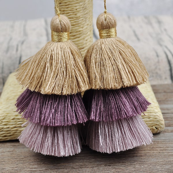 3 layered Cotton Tassel，1-100 Ombre Tassel with Gold Loop，Craft Tassel，Three Layered Tassel,Wholesale Tassels,Tiered Tassels,Khaki/Purple