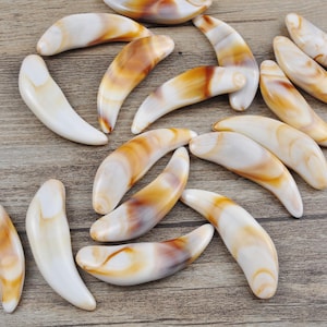 May include: A collection of white and brown shell-shaped beads with a swirl pattern. The beads are smooth and glossy.