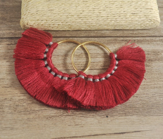 2 Wine Red Fan Tassel,large Fan Tassels,fan Cotton Tassel in Gold Metal  Ring,tassels for Jewelry Making,perfect for Earrings or Pendants -   Israel