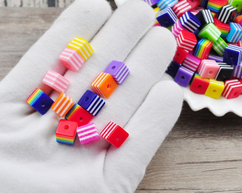 One Colorful R Bead 100pcs/pack Square Striped Resin Beads,multicolored Rainbow Striped ...