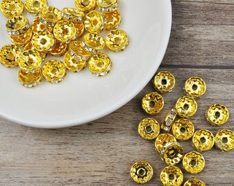 50 pezzi di perline distanziatrici rondelle, perline distanziatrici rotonde in metallo sciolte con strass color oro da 10 mm per la creazione di gioielli fai da te.