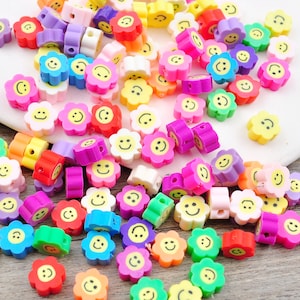 100Pcs 10mm Flower Smiling face Polymer Clay Beads,Colored Clay Beads, Smiling face Pattern,Spacer Beads,DIY Bracelet Necklace Jewelry Bead