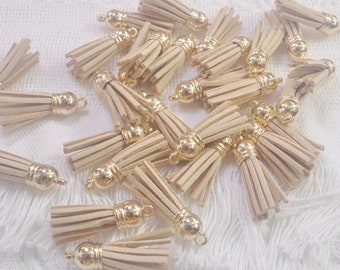 50  Light khaki Tassels, 1.5'', Faux Suede leather tassles charm, tassels, suede tassels,tassels for keychains,mini tassel with Gold Cap