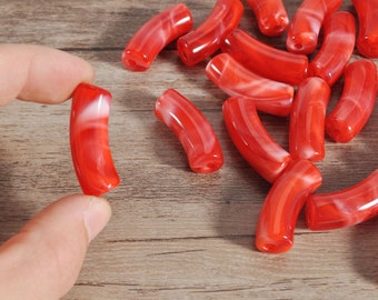 12mm x 35mm Red Acrylic Tube Beads,12mm Large Marble Acrylic Bamboo Beads, 12mm Curved Tube Beads,Bamboo Bracelet Bangle