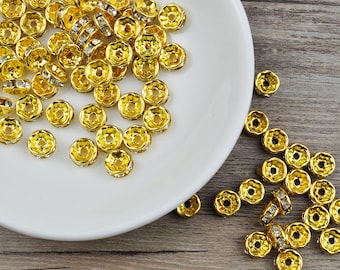 50Pcs Rondelle Spacer Beads，8mm Gold Color Rhinestone Rondelle Crystal Loose Round Spacer Metal Beads for DIY Beading Jewelry Making