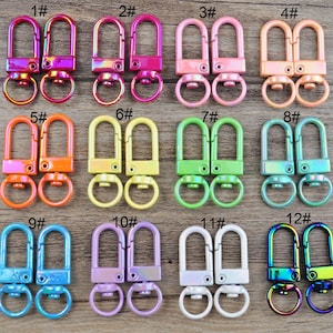 May include: Twelve pairs of metal keychains in various colors, including pink, orange, yellow, green, blue, purple, and white. Each keychain has two loops, one larger than the other. The keychains are numbered 1 through 12.