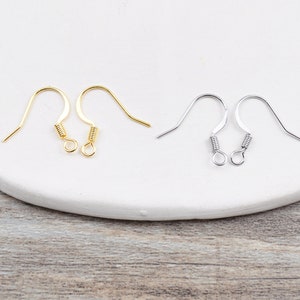 5 Pairs 18K Gold Plated Flat Ear Wires, Gold/Silver Earring Wire Hooks, Brass Ear Wire Flat with Coil, Earwires Fish Hook Jewelry Findings