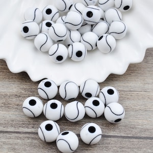 50 Tennis Ball Acrylic Beads,Tennis beads,Round Bead,Black White Tennis,Sports Beads,Team Sports,Plastic Round Bubblegum Beads Jewelry Beads