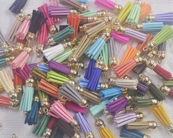 10-100 Mixed Colors Tassels,1.5'',Faux Suede leather tassles charm, tassels, suede tassels,tassels for keychains,mini tassel with Gold Cap