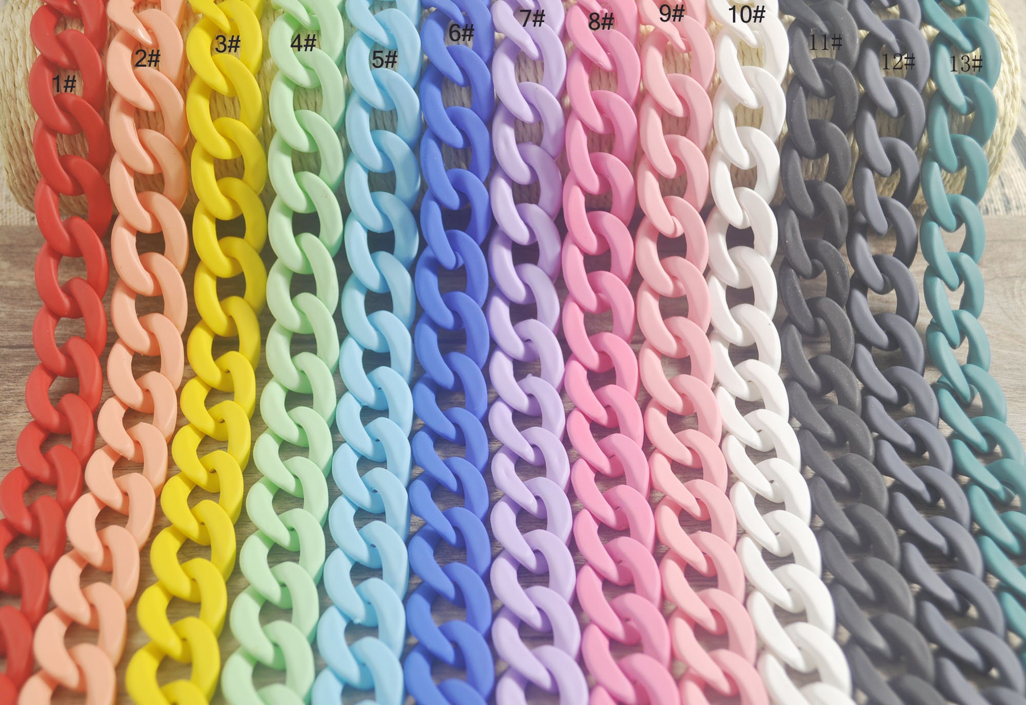 Cadena de eslabones de plástico, eslabones de cadena de acrílico de colores, cadena de plástico de torsión plana, cadena de bolso, cadena de collar, cadena de gafas de sol, cadena de eslabones abiertos