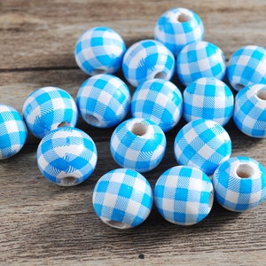 10-50Pcs,Light Blue&Whtie Plaid Paint Wood Round Spacer Beads,Round Wooden Beads for Bracelet Necklace,Wood Round Balls For Jewelry Findings