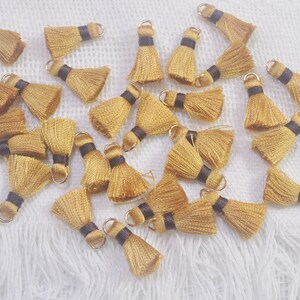 May include: A collection of gold tassel trim with brown accents. The tassels are arranged in a random pattern on a white surface.