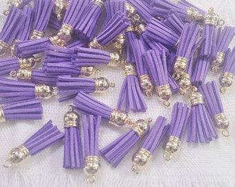 50 Purple Tassels, 1.5'', Faux Suede leather tassles charm, tassels, suede tassels,tassels for keychains,mini tassel with Gold Cap