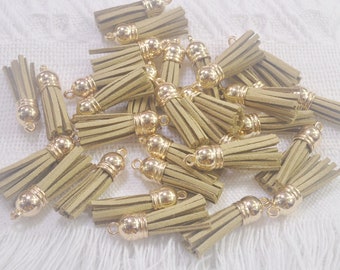 50  Khaki Tassels, 1.5'', Faux Suede leather tassles charm, tassels, suede tassels,tassels for keychains,mini tassel with Gold Cap