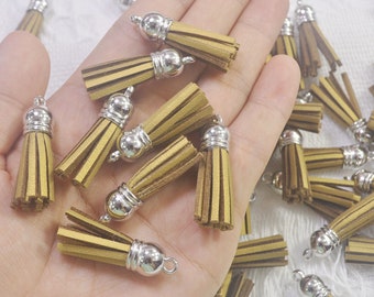 50 Gold Tassels, 1.5'', Faux Suede leather tassles, leather tassels, suede tassels, tassels for keychains, mini tassel with Silver cap