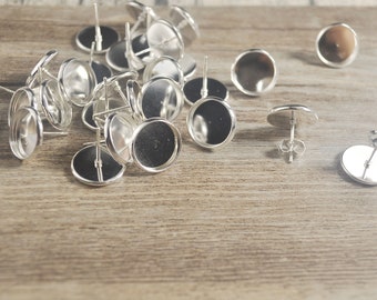 40/100PCS Silver Earring Stud With 12mm Bezel Settings And Stopper Earring Stud Post,Nickel Free